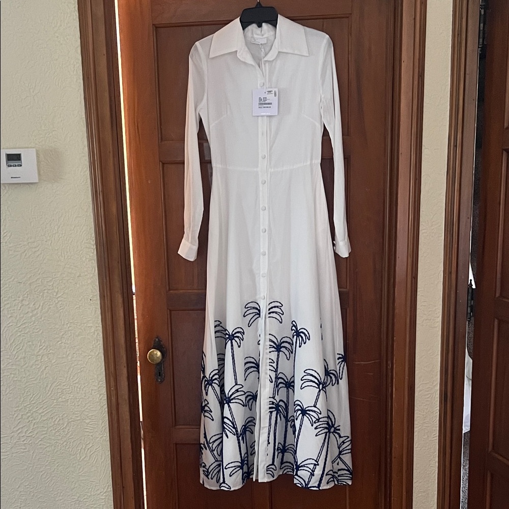 Elegant White Long Sleeve Dress with Navy Palm Design